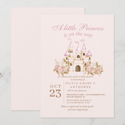 Roze Gouden Kasteel Prinses Baby Shower Kaart (Voorkant / Achterkant)