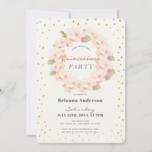 Roze & Gouden Kersenbloesem Krans Quinceanera Kaart (Voorkant)
