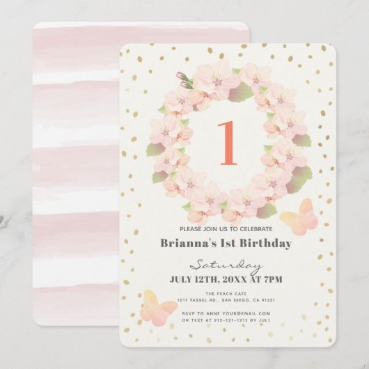 Roze & Gouden Kersenbloesem Meisje 1e Verjaardag Kaart (Voorkant / Achterkant)