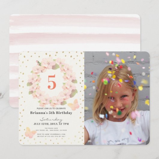 Roze & Gouden Kersenbloesem Meisje Foto Verjaardag Kaart (Voorkant / Achterkant)