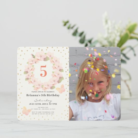 Roze & Gouden Kersenbloesem Meisje Foto Verjaardag Kaart (Staand voorkant)