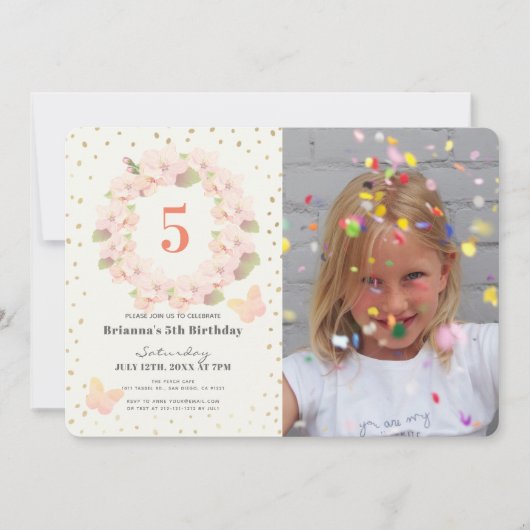 Roze & Gouden Kersenbloesem Meisje Foto Verjaardag Kaart (Voorkant)