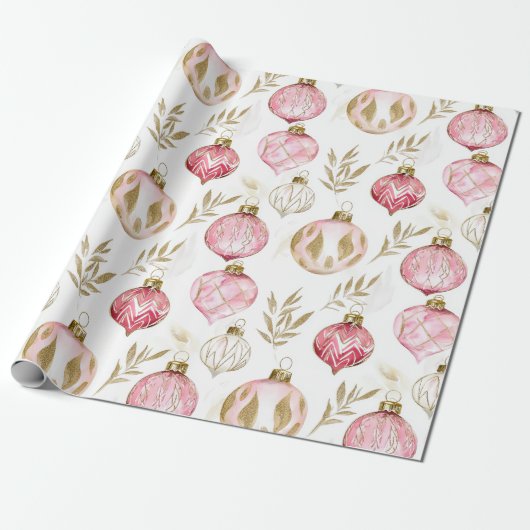 Roze Gouden Kerst  Ornamenten Cadeaupapier (Uitgerold)