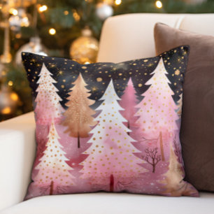 Roze Gouden Kerstbomen Sneeuwvlokken Nachthemel Kussen