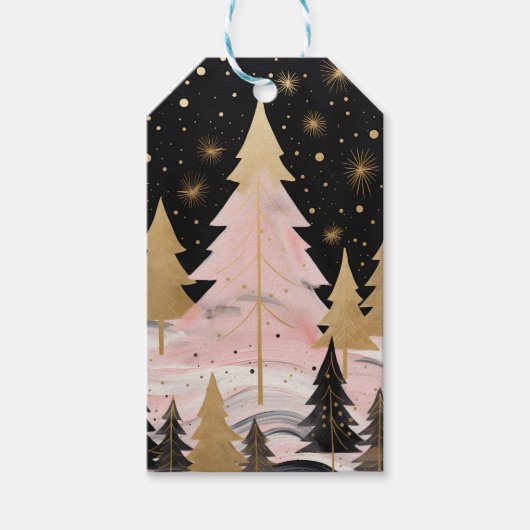 Roze Gouden Kerstboom Cadeaulabel (Voorkant)