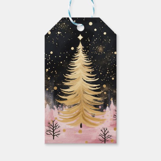Roze Gouden Kerstboom Cadeaulabel (Voorkant)