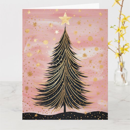 Roze Gouden Kerstboom Kaart (Gele Bloem)