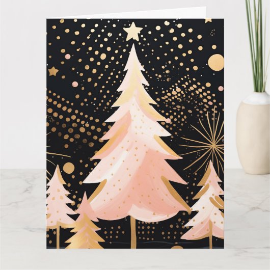 Roze Gouden Kerstboom Kaart (Voorkant)