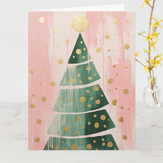 Roze Gouden Kerstboom Kaart (Gele Bloem)