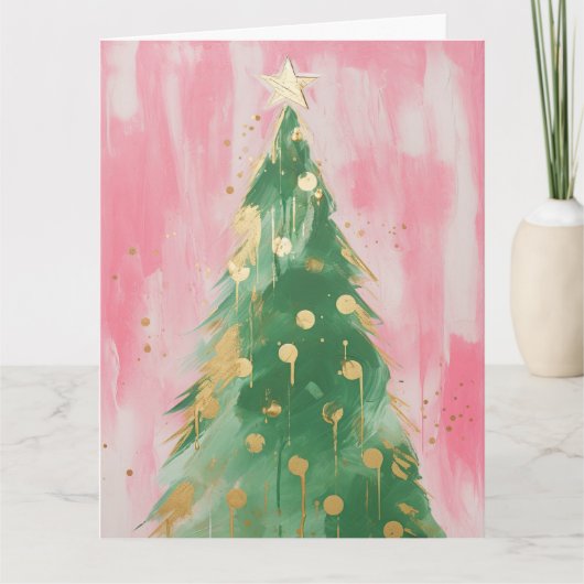 Roze Gouden Kerstboom Kaart (Voorkant)