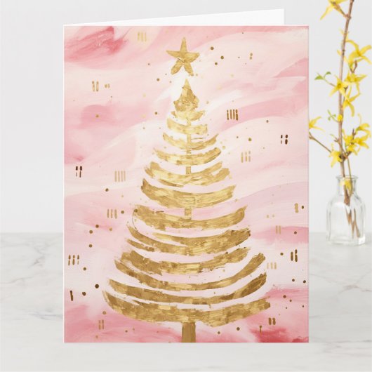 Roze Gouden Kerstboom Kaart (Gele Bloem)