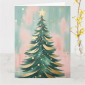 Roze Gouden Kerstboom Kaart (Gele Bloem)