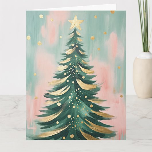 Roze Gouden Kerstboom Kaart (Voorkant)