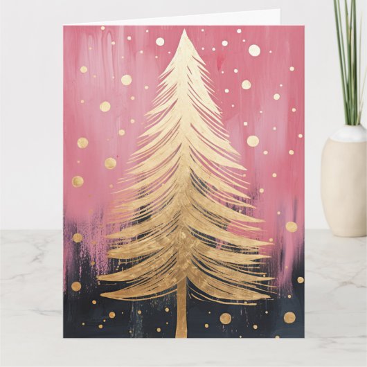 Roze Gouden Kerstboom Kaart (Voorkant)