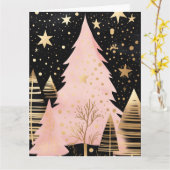 Roze Gouden Kerstboom Kaart (Gele Bloem)