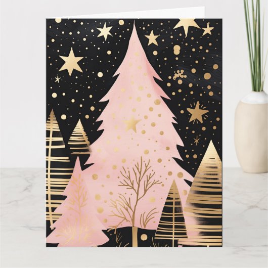 Roze Gouden Kerstboom Kaart (Voorkant)