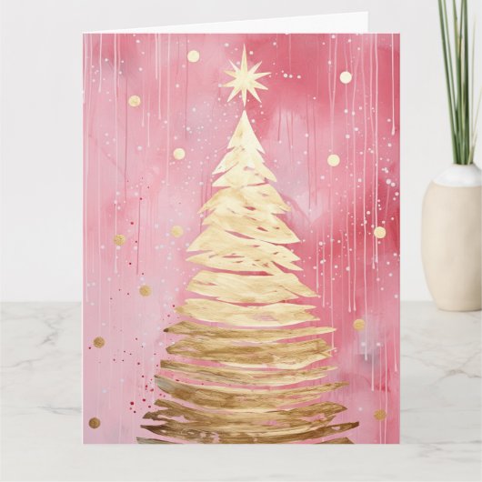 Roze Gouden Kerstboom Kaart (Voorkant)