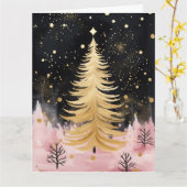 Roze Gouden Kerstboom Kaart (Gele Bloem)
