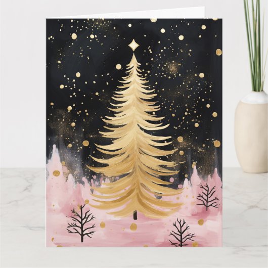 Roze Gouden Kerstboom Kaart (Voorkant)
