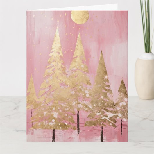 Roze Gouden Kerstboom Kaart (Voorkant)