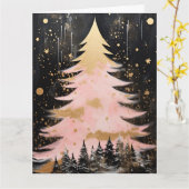 Roze Gouden Kerstboom Kaart (Gele Bloem)