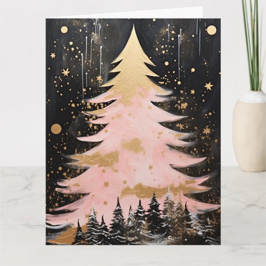 Roze Gouden Kerstboom Kaart (Voorkant)
