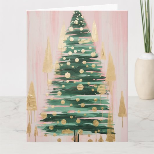Roze Gouden Kerstboom Kaart (Voorkant)