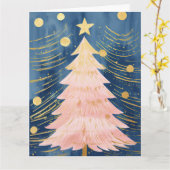 Roze Gouden Kerstboom Kaart (Gele Bloem)