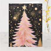 Roze Gouden Kerstboom Kaart (Gele Bloem)