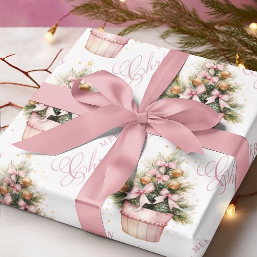 Roze Gouden Kerstboom Ornamenten & Bogen Cadeaupapier