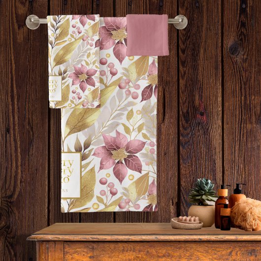 Roze Gouden Kerstmis Vrolijk Patroon#21 ID1009 Bad Handdoek