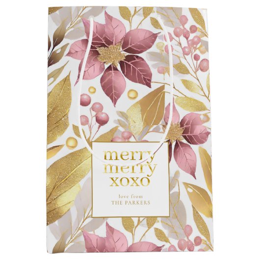 Roze Gouden Kerstmis Vrolijk Patroon#21 ID1009 Medium Cadeauzakje (Voorkant)