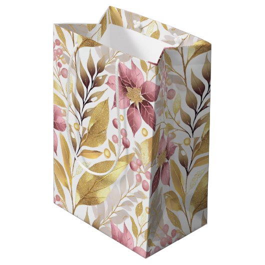 Roze Gouden Kerstmis Vrolijk Patroon#21 ID1009 Medium Cadeauzakje (Achterkant Gekanteld)