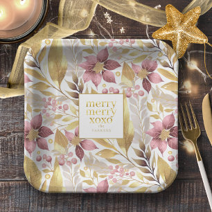Roze Gouden Kerstmis Vrolijk Patroon#21 ID1009 Papieren Bordje