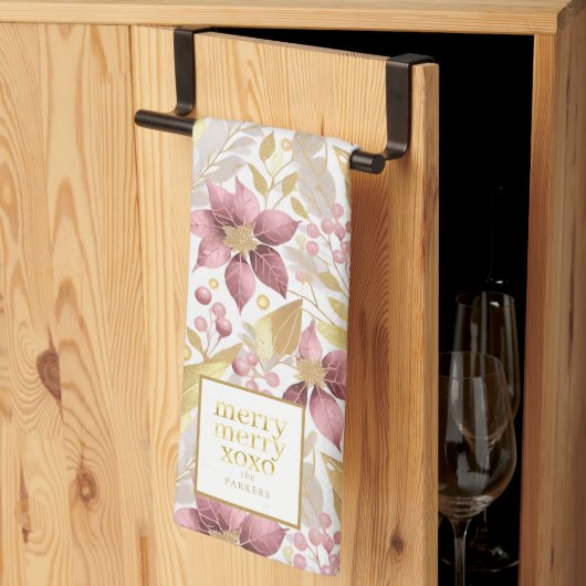 Roze Gouden Kerstmis Vrolijk Patroon#21 ID1009 Theedoek (Derde Gevouwen)