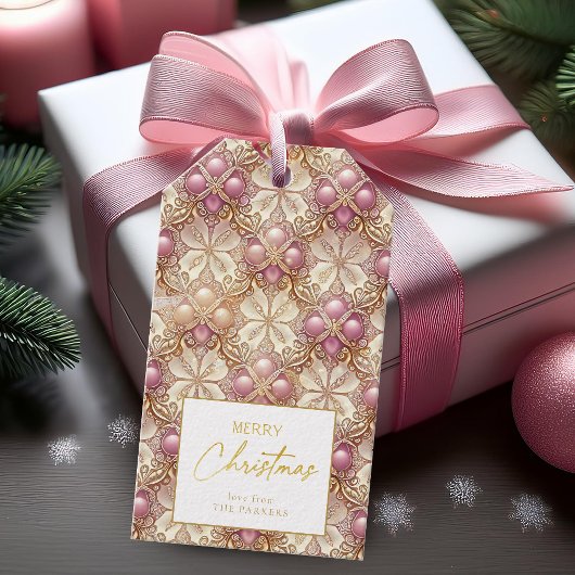 Roze Gouden Kerstmis Vrolijk Patroon#4 ID1009 Cadeaulabel