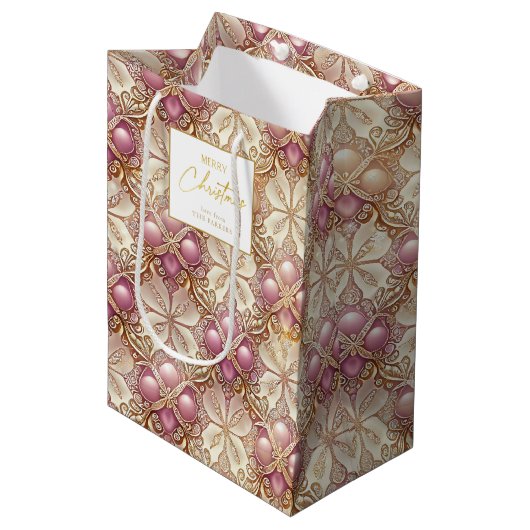 Roze Gouden Kerstmis Vrolijk Patroon#4 ID1009 Medium Cadeauzakje (Voorkant Gekanteld)