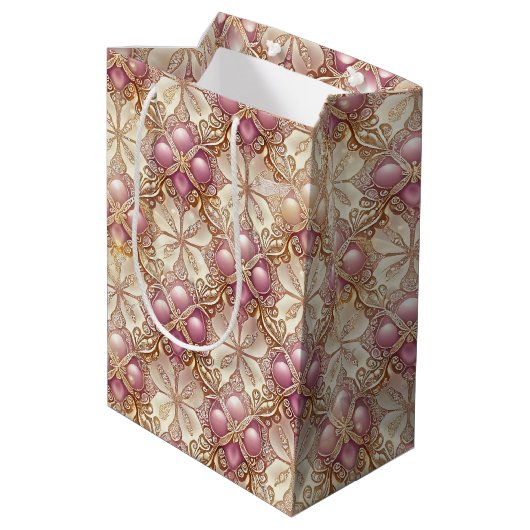 Roze Gouden Kerstmis Vrolijk Patroon#4 ID1009 Medium Cadeauzakje (Achterkant Gekanteld)