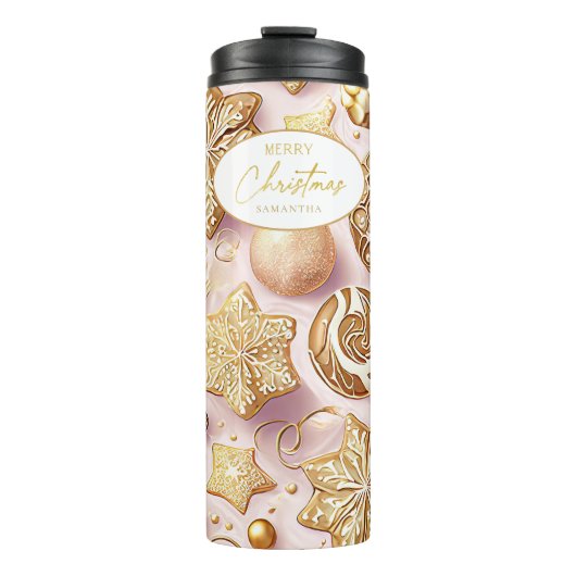 Roze Gouden Kerstmispatroon#12 ID1009 Thermosbeker (Voorkant)