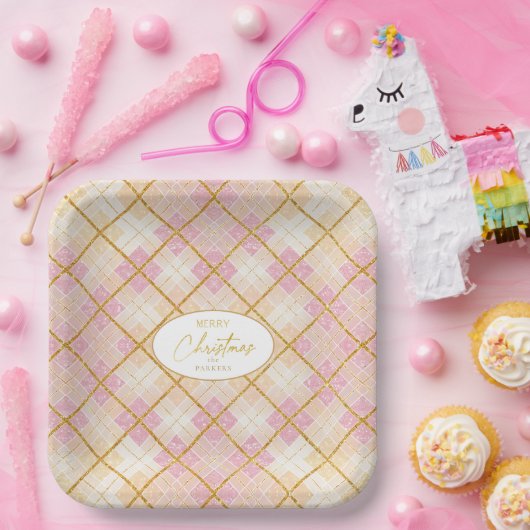 Roze Gouden Kerstmispatroon#28 ID1009 Papieren Bordje (Feest)