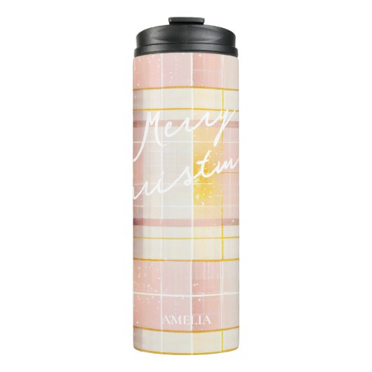 Roze Gouden Kerstmispatroon#7 ID1009 Thermosbeker (Voorkant)