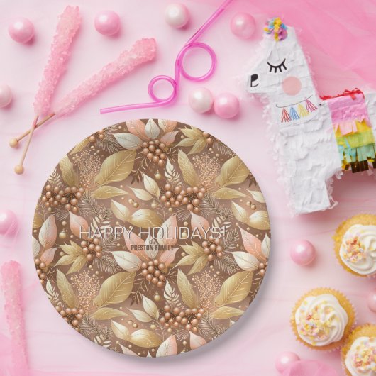 Roze Gouden Kerstmispatroon#8 ID1009 Papieren Bordje (Feest)