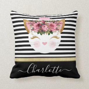 Roze gouden kitty prinses zwart witte strepen  kussen