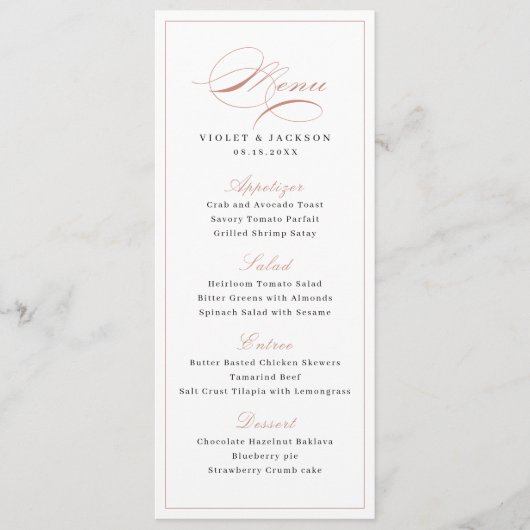 Roze Gouden Klassieke Elegantie Script Eenvoudige Menu (Voorkant)