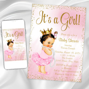 Roze Gouden Kleine Ballerina Tutu Parel Baby Showe Kaart