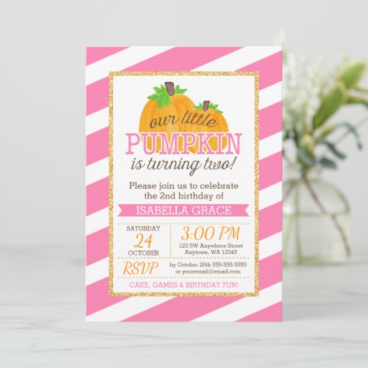 Roze Gouden Kleine Pompoen Meisje 2e Verjaardag Kaart (Staand voorkant)