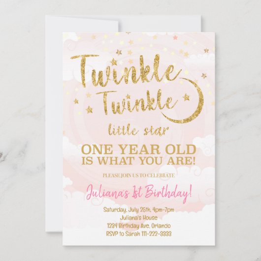 Roze Gouden Kleine Ster 1e Verjaardag Uitnodiging (Voorkant)