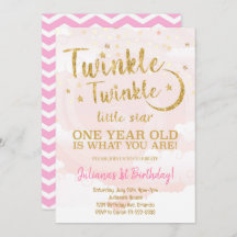 Roze Gouden Kleine Ster 1e Verjaardag Uitnodiging