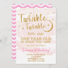 Roze Gouden Kleine Ster 1e Verjaardag Uitnodiging