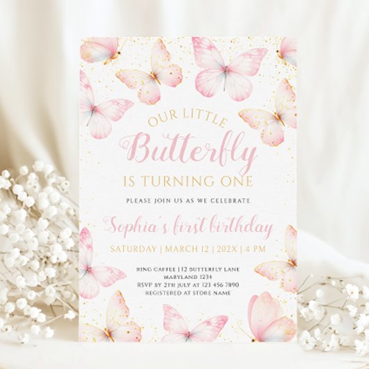 Roze Gouden Kleine Vlinder Wordt Eén Jaar Kaart